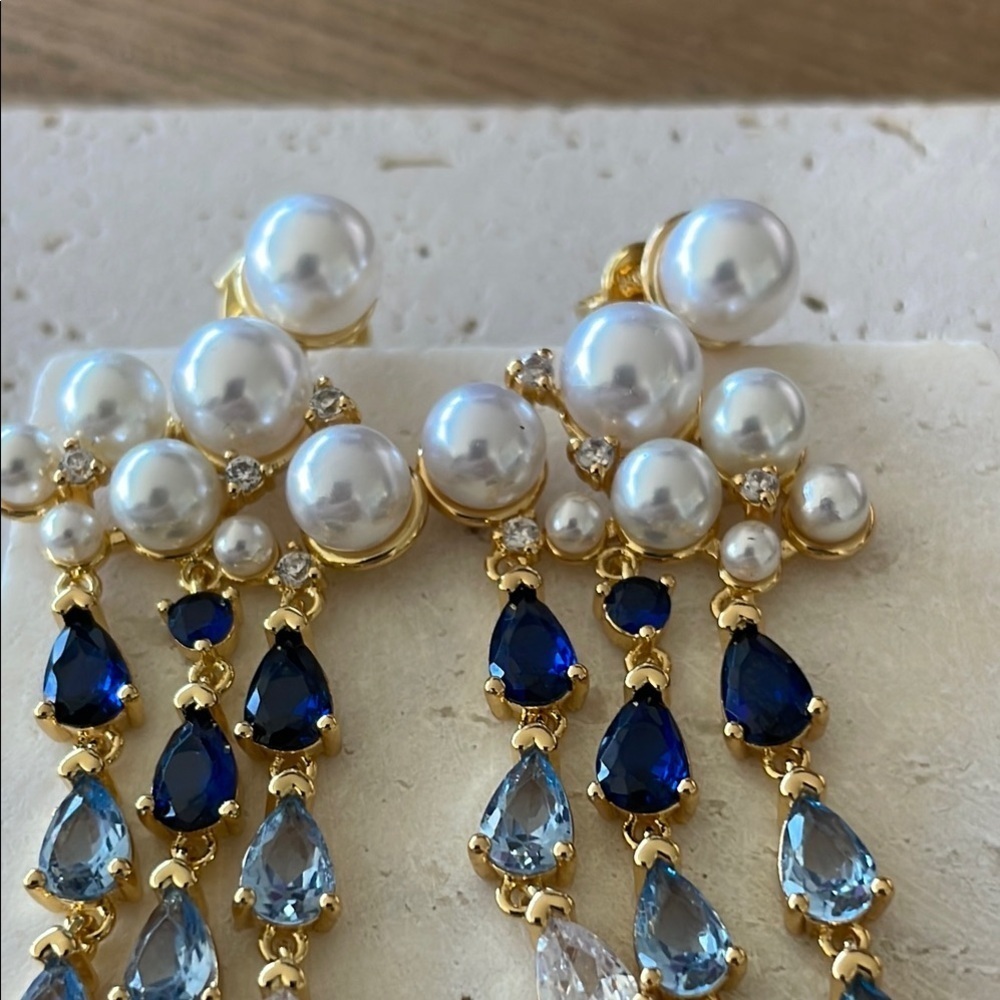 Elegant Gold and Blue Pearl Drop Earrings - Picture 2 of 6